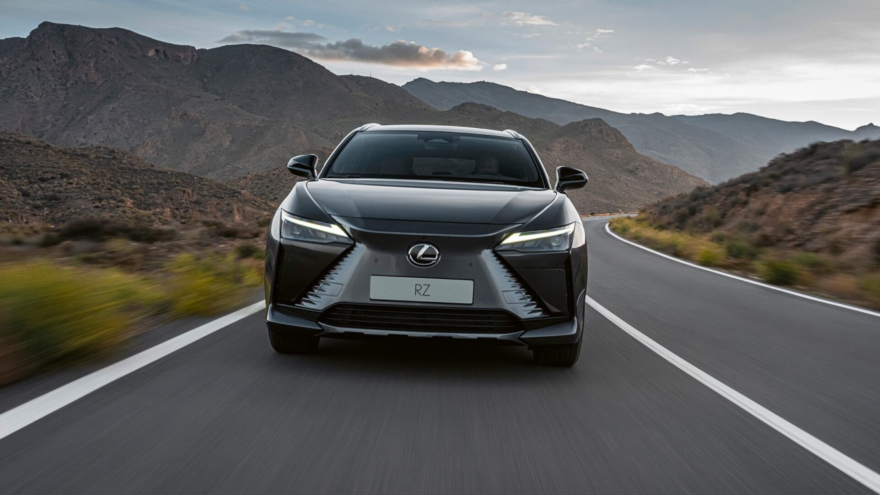 Front view of the Lexus RZ 450e driving 
